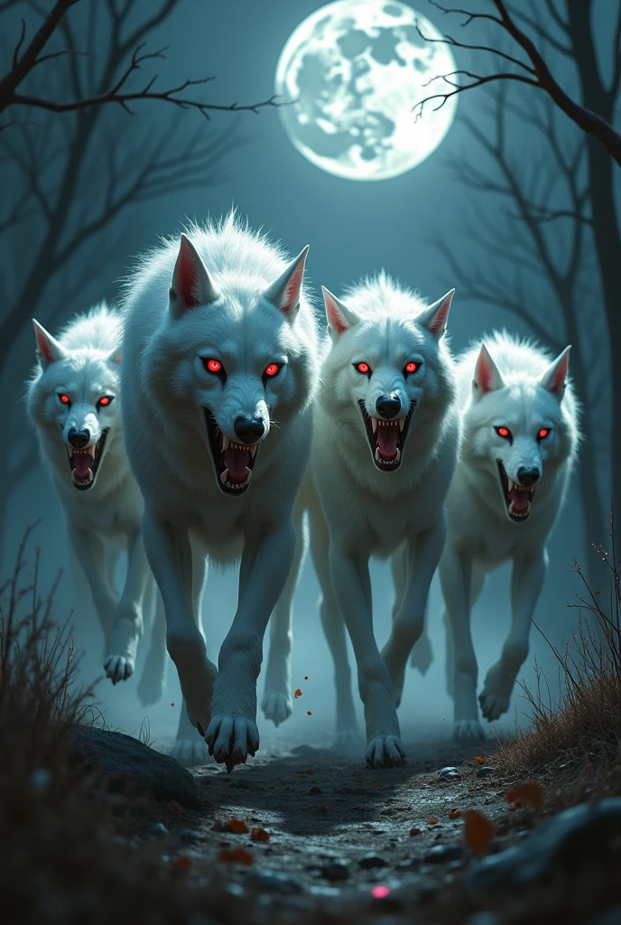 a pack of white dogs, sharp fangs, grin like a vampire