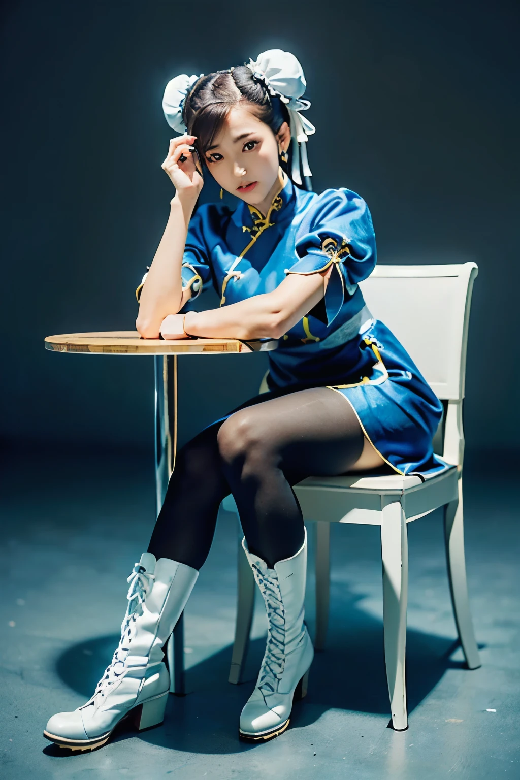 (Chun-Li from Street Fight II:1.2,perfect chun li costume:1.2,Blue cheongsam with gold lines:1.2,Bun head:1.2,bun cover:1.2,sexy pose:1.2,masterpiece:1.2、1 beautiful girl:1.2、fine eyes:1.2、puffy eyes:1.2、highest quality:1.2, 超High resolution:1.2, (reality: 1.4), movie lighting:1.2、Japanese:1.2、asian beauty:1.2、Korean:1.2、super beautiful:1.2、beautiful skin:1.2、body facing forward:1.2、(Full body:1.2,sitting:1.2,chair:1.2,legs togehter:1.2)、(超reality的な:1.2)、(High resolution:1.2)、(8k:1.2)、(very detailed:1.2)、(美しくfine eyes:1.2)、(Super detailed:1.2)、 (simple background:1.2)、detailed face:1.2、bright lighting:1.2、professional lighting:1.2、looking at the viewer:1.2、look straight ahead:1.2、slanted bangs:1.2、Nogizaka Idol:1.2、korean idol:1.2、masterpiece:1.2, highest quality:1.2, masterpiece:1.2, highest quality:1.2, perfect face:1.2, perfect brown eyes with white sclera:1.2, bad move-5:1.2, alone:1.2, 1 girl:1.2, brown hair:1.2, From SF2:1.2, Chinese service:1.2, muscular woman:1.2, blue clothes:1.2, pantyhose:1.2, pelvic curtain:1.2, Puffy short sleeves:1.2, Good cover:1.2, sash:1.2,beautiful calves:1.2,white boots:1.2),