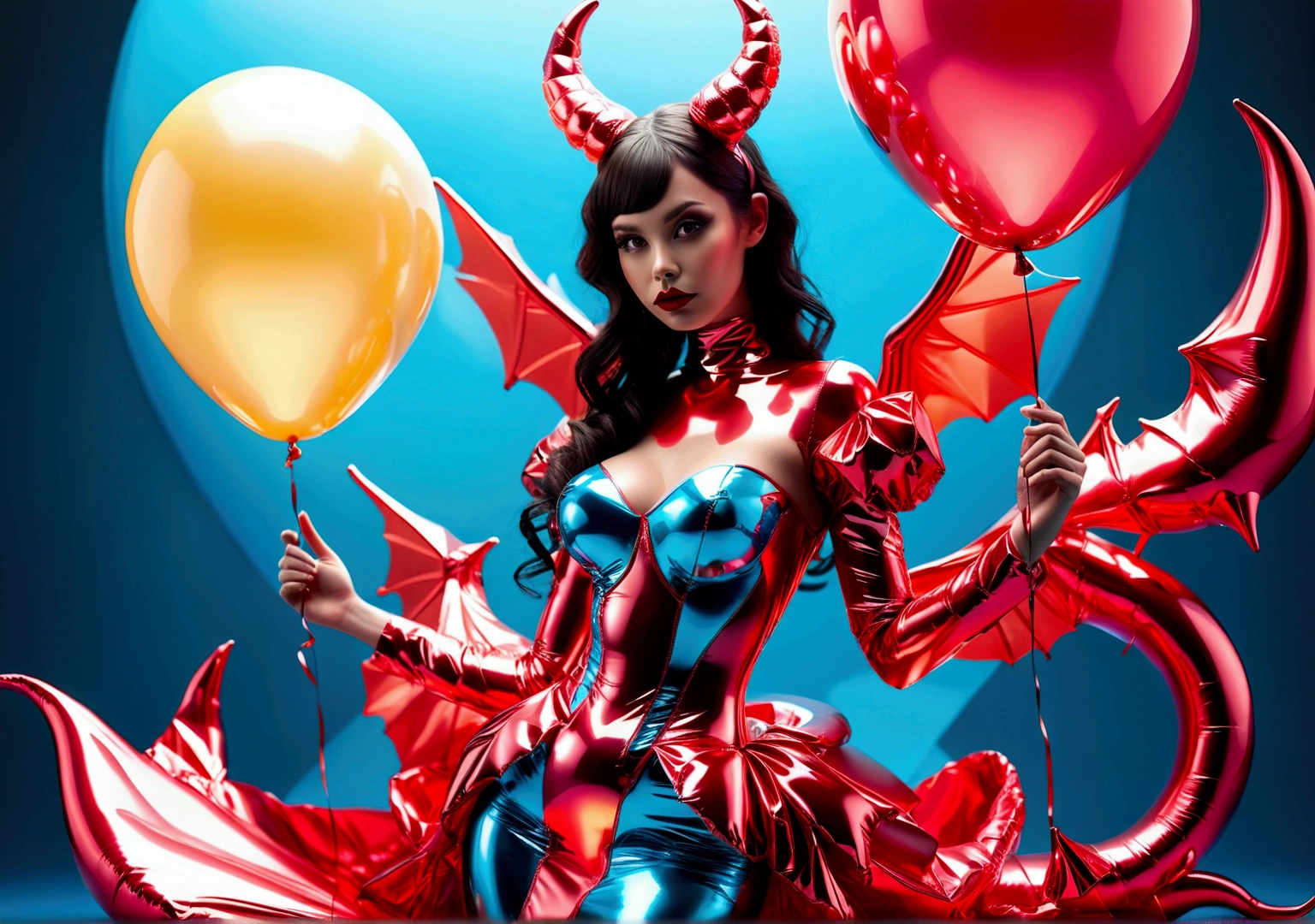 32k furry balloon succubus 3d transparent rubber metallic blue big devil balloon wings smooth transparent balloon devil tail devil horns smooth inflatable girl transparent metallic red gelcoat dress full body view front
