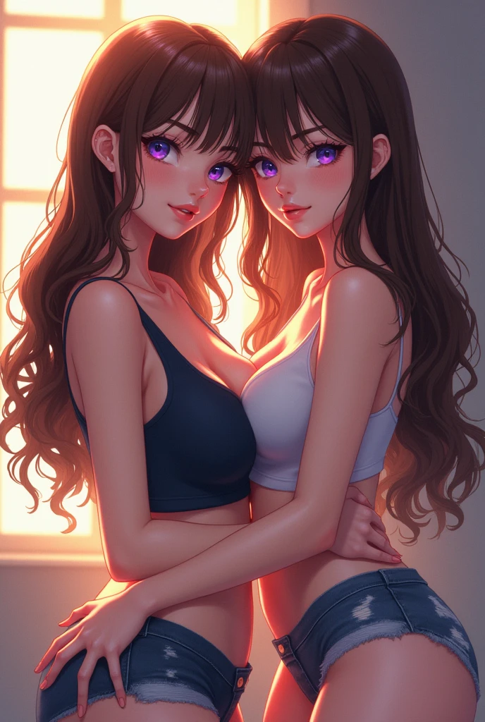 (anime)a beautiful 2 white skinned woman, big tits and ass, violet-eyed, long brown hair, who wears casual clothes.