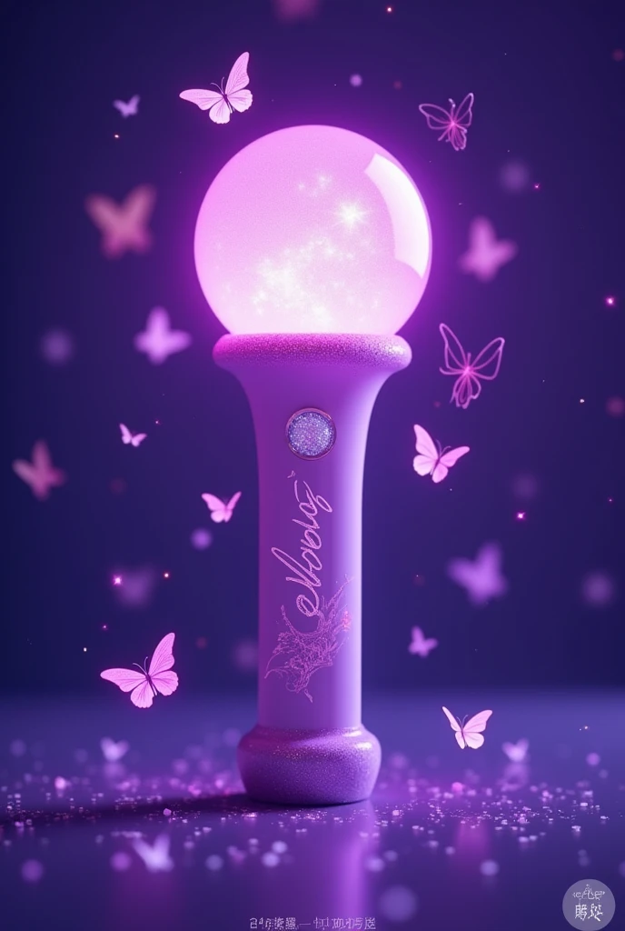 K pop lightstick purple round with butterflies and with the name X-PLORE and with glitter