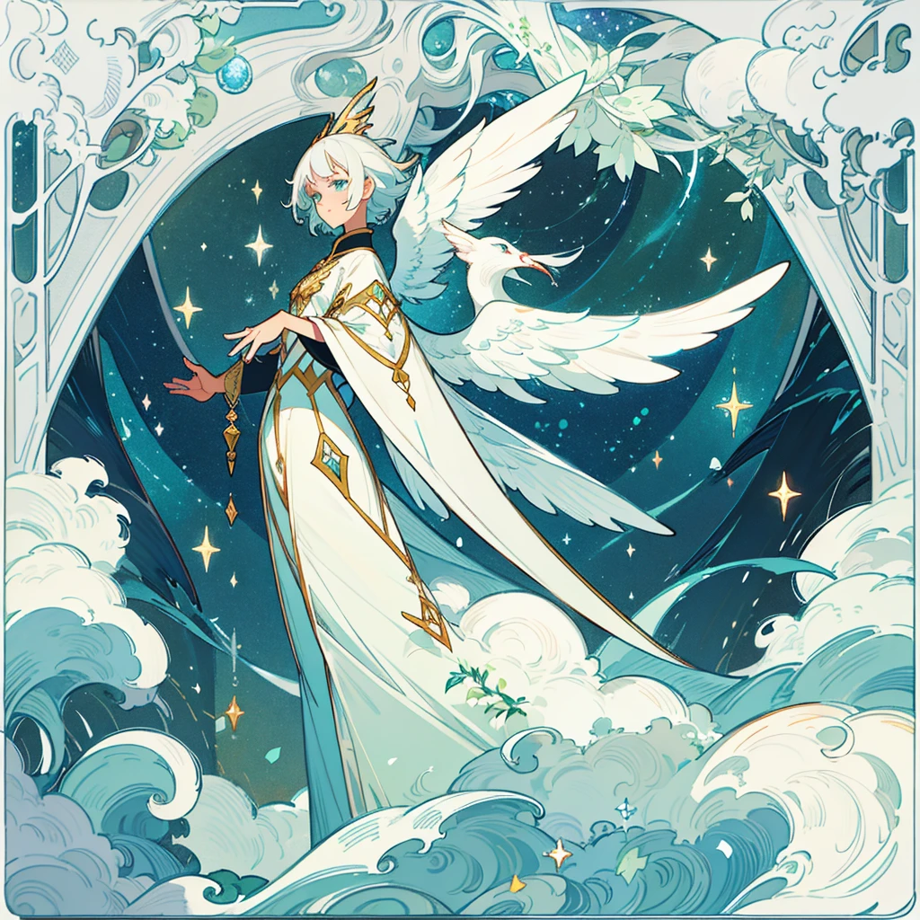 Divine creature in the form of a human being with black skin and white hair, short bangs medium back hair. Bright sky blue eyes. Green branches with elongated leaves. Long, wavy tail of dark blue with green sparkles resembling a starry night sky, a pair of wings. mystical atmosphere, delicate brushwork, magical scenery, Peaceful and serene. Astral Witch Outfit, fashion RPG outfit, detailed clothing. (best qualityer, high resolution, ultra detali).