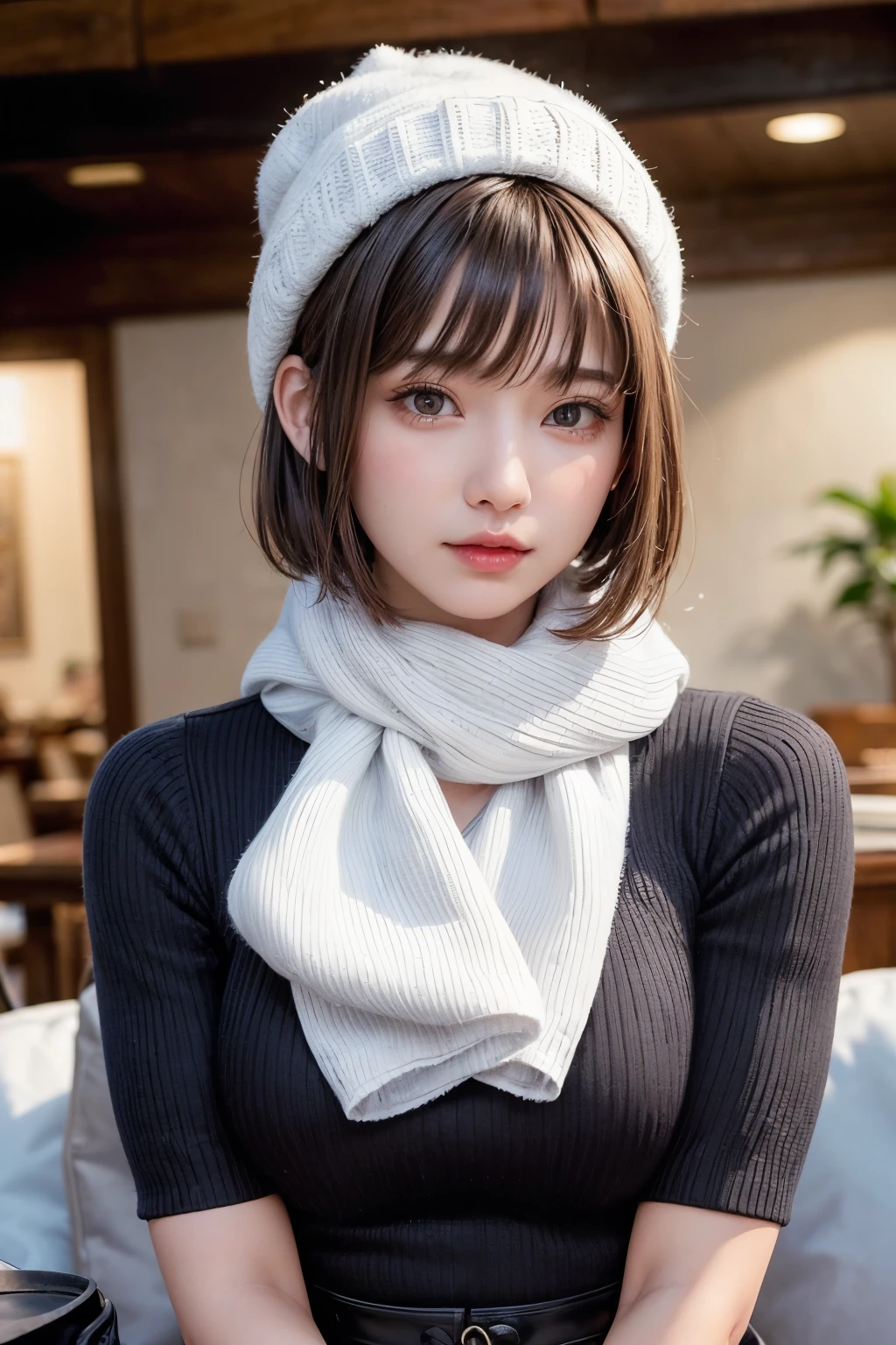 (masterpiece, Highest quality),One Girl, solo, Black-haired, scarf, hat, Realistic, Realistic, Looking at the audience, Light-coloured black eyes, Short brunette bob hair, Brown coat, Winter clothes, White headscarf, Lips, Bans, Plein Air, Mouth closed, Upper body、Big eyes、Eyelashes、((Beautiful landscape with sparkling snow))、(((Short bob hair with bangs、Shiny Hair、Big eyes、large full chest、Intensely accentuates the eyes、Staring at the audience、Beautiful beauty、Listen carefully、Long neck、Smile a little、Please close your mouth and laugh、Ideal body proportions)))、{huge|big|hugeな|Mega} chest:2, chestの谷間:2