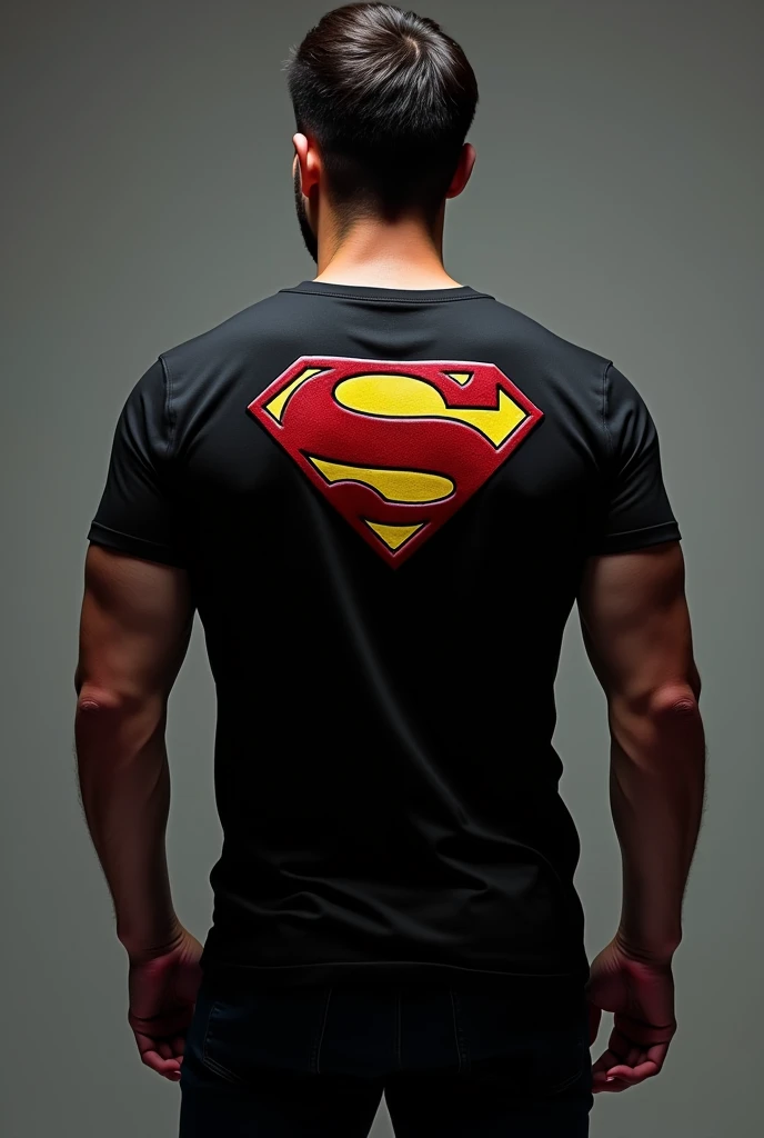 A black men's shirt with the justice league symbol on the back