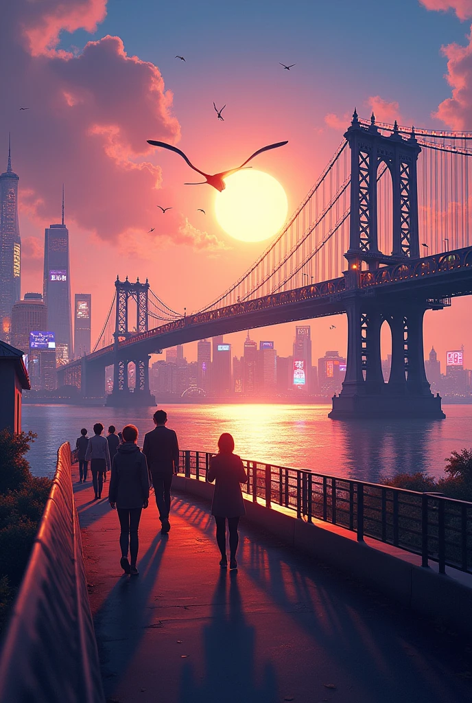 panorama, , the bright lights of the city sparkle in the twilight. the bridge majestically crosses the river, its illuminated spans are reflected in the water. In the foreground are people walking on the bridge, enjoying the view. In the distance are the silhouettes of buildings , Bright signs and neon advertisements add dynamism to this fairytale cityscape.
