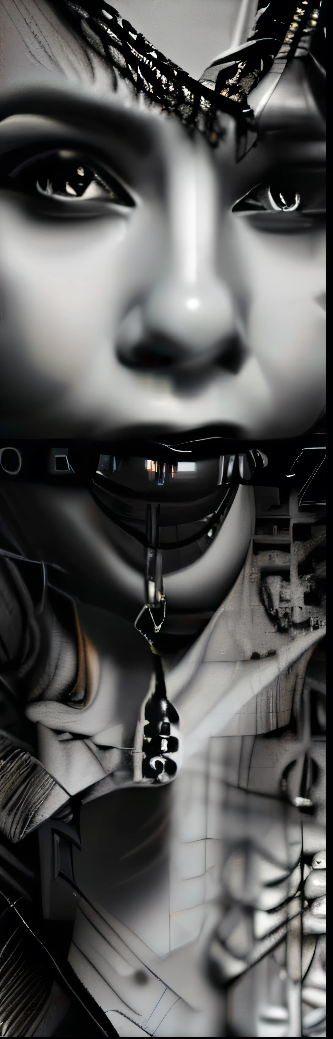 a woman with a black cloth (gag) in her mouth, (chained hands), dramatic black and white portrait, high contrast, moody lighting, cinematic composition, gothic aesthetic, dark tones, dramatic shadows, expressive and emotive, masterpiece, (best quality,4k,8k,highres,masterpiece:1.2),ultra-detailed,(realistic,photorealistic,photo-realistic:1.37),cinematic lighting,dramatic shadows,high contrast black and white,gothic,moody,emotional,(expressive face),(intense eyes),delicate skin,detailed clothing,intricate chains,dark and moody atmosphere.STOP.Safe_for_Work:2