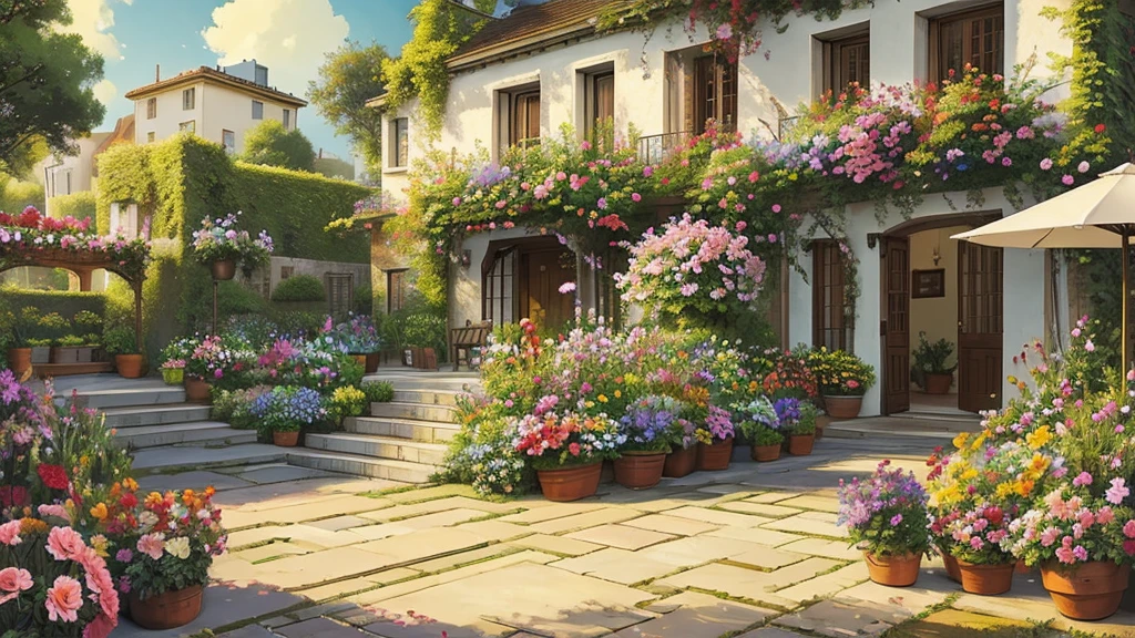 ((masterpiece)),((Highest quality)),((High Detail)),nobody,background,Garden Terrace, Colorful flowers