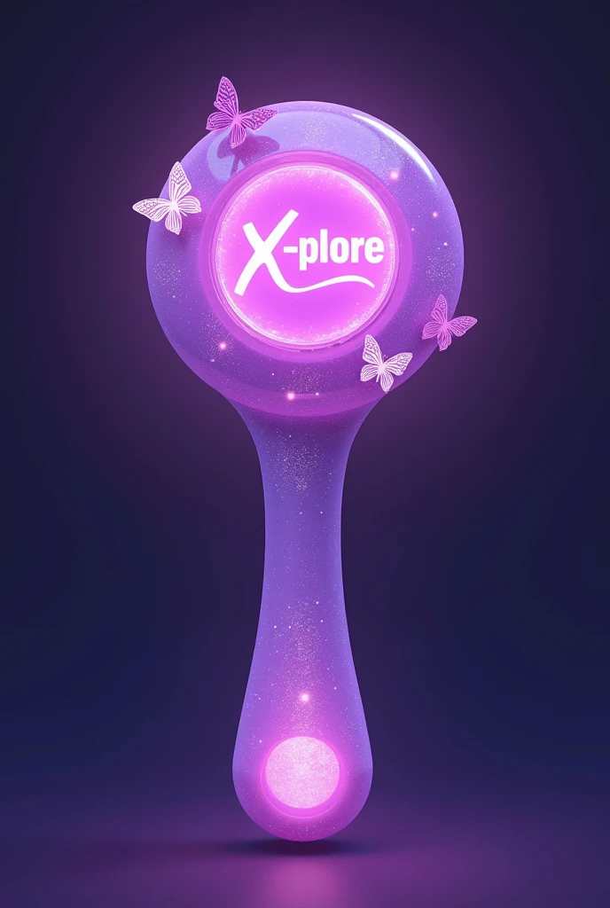 K pop lightstick purple round with butterflies and with the name X-PLORE and with glitter