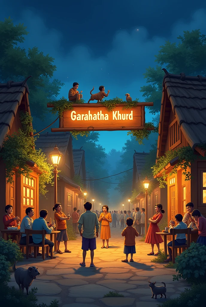 Create a beautiful village. Village name is Garahatha Khurd is showing on big board in night show Full of lighting. Some Boys are playing and their families taking to eachother. Some animals Enjoy food.
