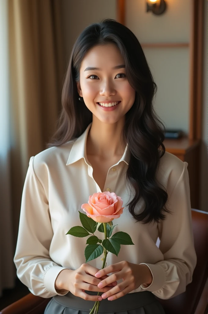 A beautiful 20 year old Asian girl wearing office clothes and smiling sweetly while holding a rose