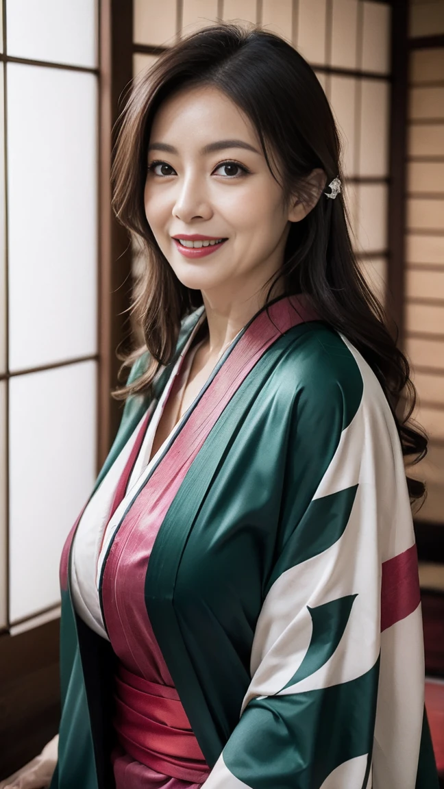 Mature attractive sexy woman,50 years old, ((kimono)),((green))、(((kimono))),Shut,((Big Breasts:1.1)),(Facial wrinkles:1.3),light makeup,Light brown hair,Long Hair,(Full body photo:0.85),(Emphasize big buttocks),8k, RAW Photos, Highest quality, Laughter,masterpiece,Highest quality、A kind smile、Captivating Gaze、Random Hairstyles、Japanese-style room、Shoji Screen、lanthanum、