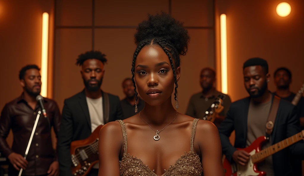 (photorealism:1.2), A full gospel band with a beautiful and sexy singer, playing in a room in a professional recording studio. The singer is looking at the camera.