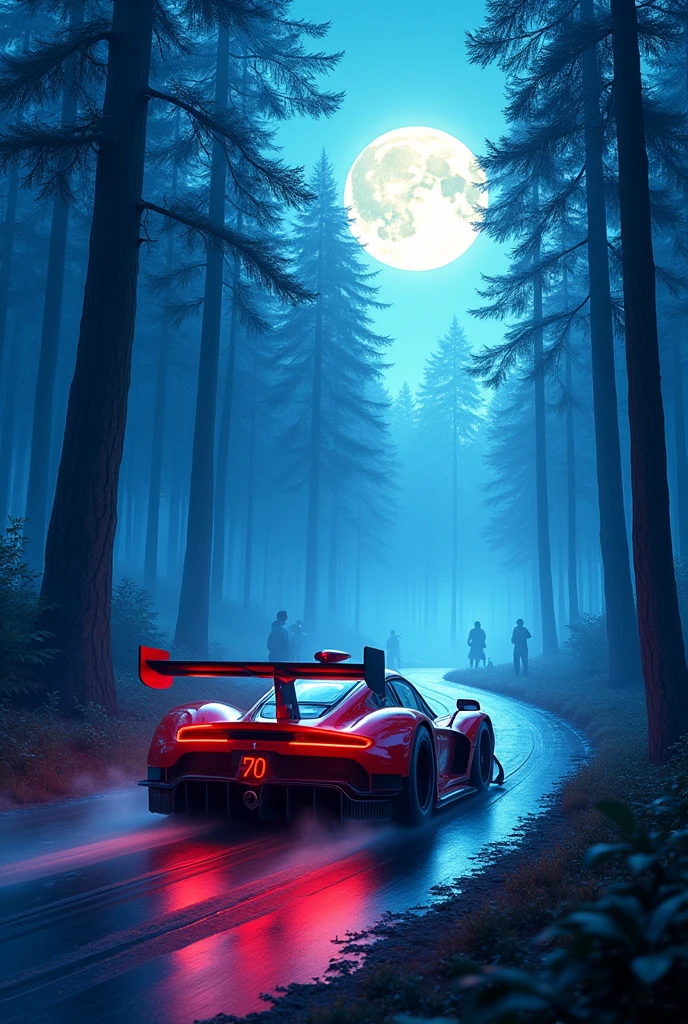 Red race
 car driving in blue trees and moon standing men

 