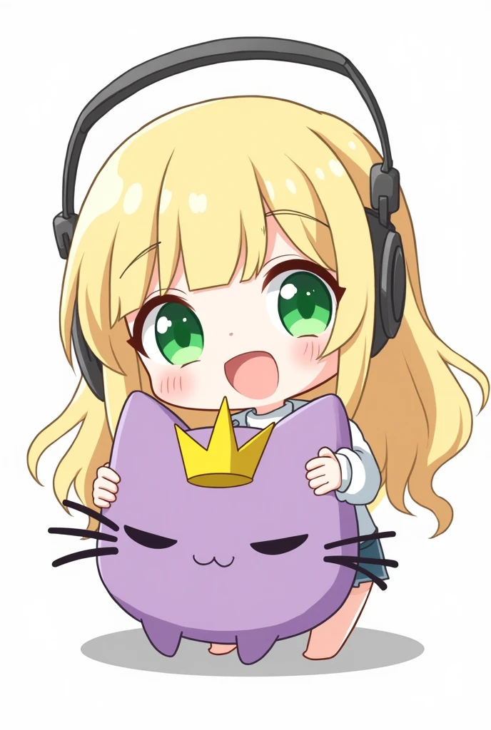 CHIBI BLONDE AUX CHEVEUX LONG AUX YEUX VERT QUI FAIT UN CLIN D OEIL ET QUI AS UN CASQUE GAMING SUR LA TETE ET QUI PORTE DANS SES MAINS UNE PELUCHE D UN PETIT CHAT VIOLET AVEC DES SUPER POUVOIRS QUI AS SUR LA TETE UNE COURONNE DORE LE DESSIN DOIT ETRE EN MODE DESSIN