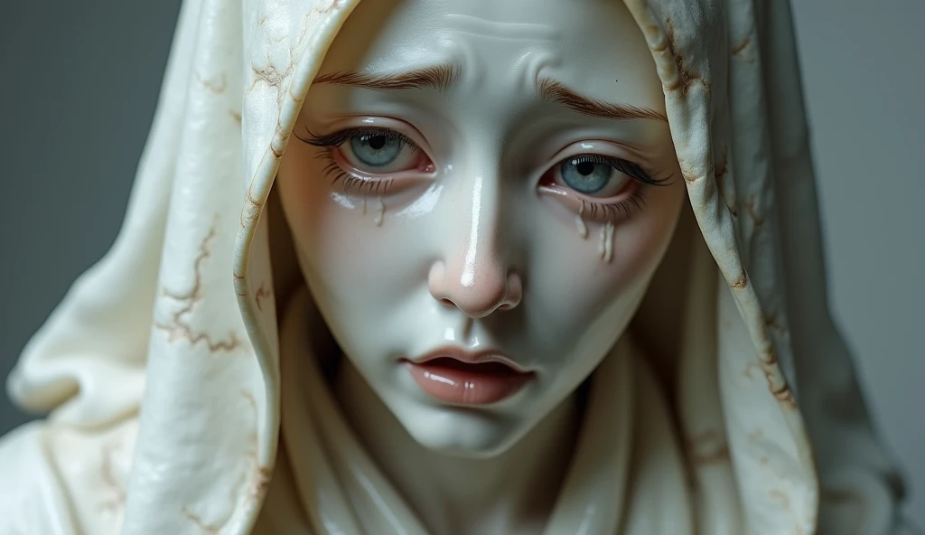 Create a realistic image of a marble statue of Sister Sasagawa, with a detailed and expressive style. The statue should depict Sister Sasagawa with an expression of deep emotion and sadness, with tears visible in her eyes. The robe and details of the garment should be precisely carved, showing the texture of the marble. The background should be neutral and understated to highlight the statue, with soft lighting that highlights the facial details and tears. The scene should convey a sense of reverence and emotional impact."