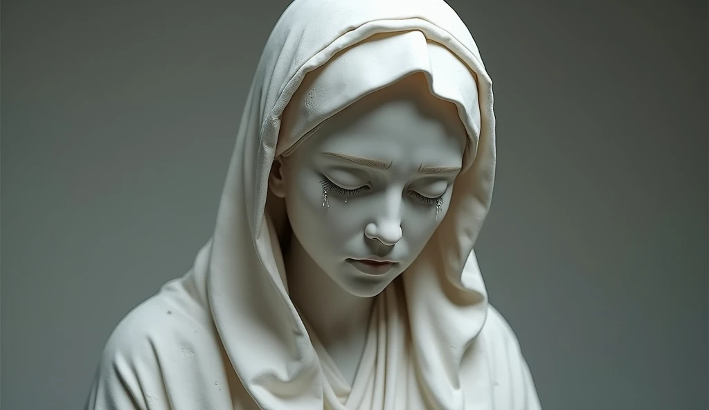 Create a realistic image of a marble statue of Sister Sasagawa, with a detailed and expressive style. The statue should depict Sister Sasagawa with an expression of deep emotion and sadness, with tears visible in her eyes. The robe and details of the garment should be precisely carved, showing the texture of the marble. The background should be neutral and understated to highlight the statue, with soft lighting that highlights the facial details and tears. The scene should convey a sense of reverence and emotional impact."