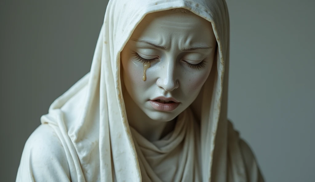 Create a realistic image of a marble statue of Sister Sasagawa, with a detailed and expressive style. The statue should depict Sister Sasagawa with an expression of deep emotion and sadness, with tears visible in her eyes. The robe and details of the garment should be precisely carved, showing the texture of the marble. The background should be neutral and understated to highlight the statue, with soft lighting that highlights the facial details and tears. The scene should convey a sense of reverence and emotional impact."