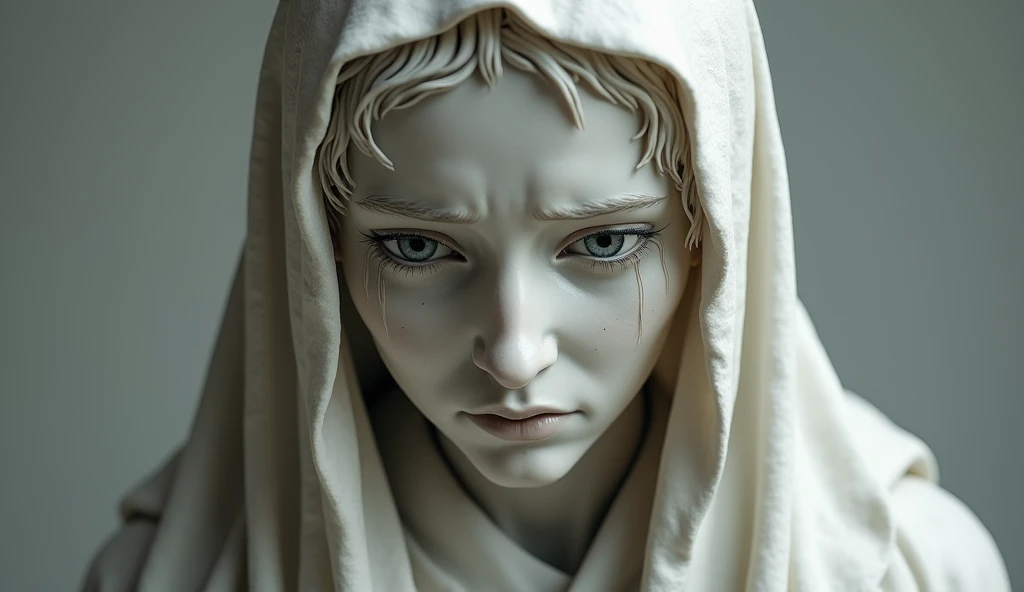 Create a realistic image of a marble statue of Sister Sasagawa, with a detailed and expressive style. The statue should depict Sister Sasagawa with an expression of deep emotion and sadness, with tears visible in her eyes. The robe and details of the garment should be precisely carved, showing the texture of the marble. The background should be neutral and understated to highlight the statue, with soft lighting that highlights the facial details and tears. The scene should convey a sense of reverence and emotional impact."