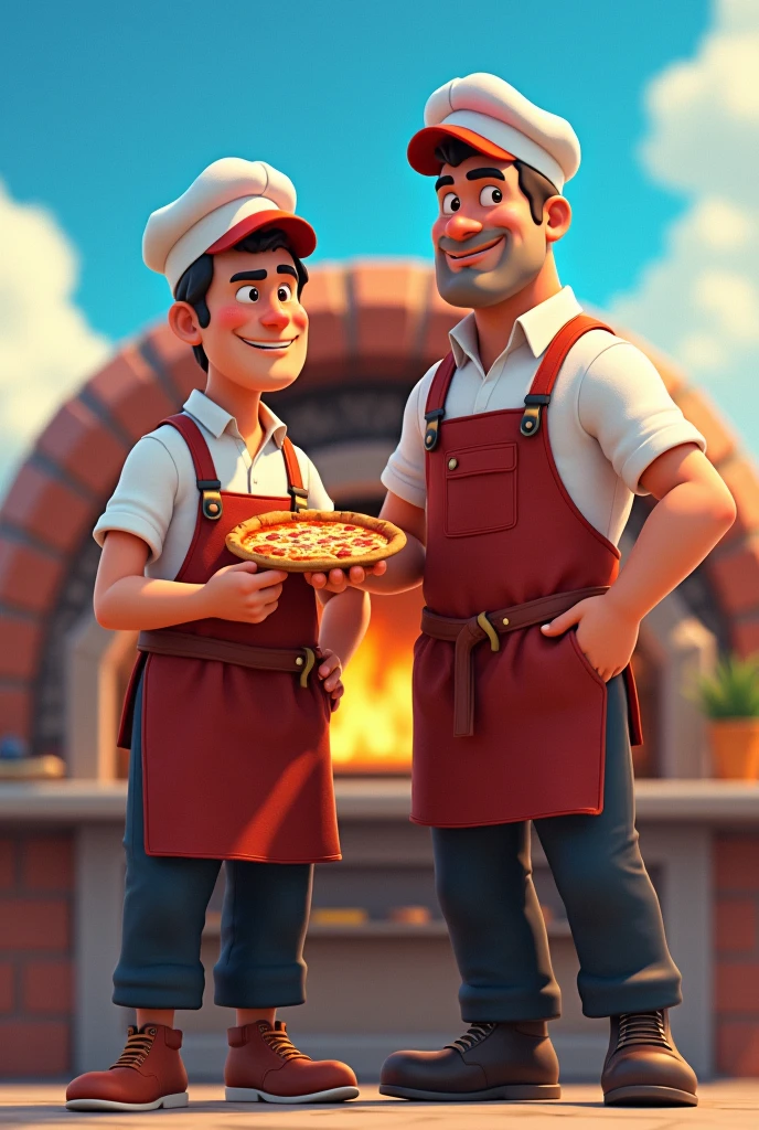 2 pizzaiolos gros, un plus petit que l’autre, devant un four a pizzas, beau ciel bleu, il tient une part de pizza dans la main face a la camera, calvitie