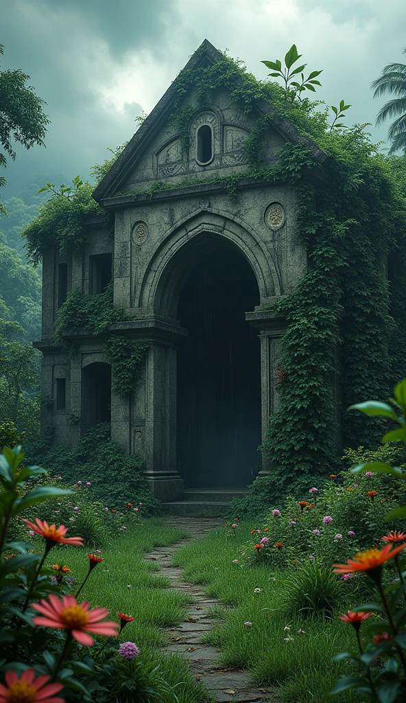 A 3d old building in jungle grass and flowers on walls grassy land plants flowers black rainy clouds in sky like horror