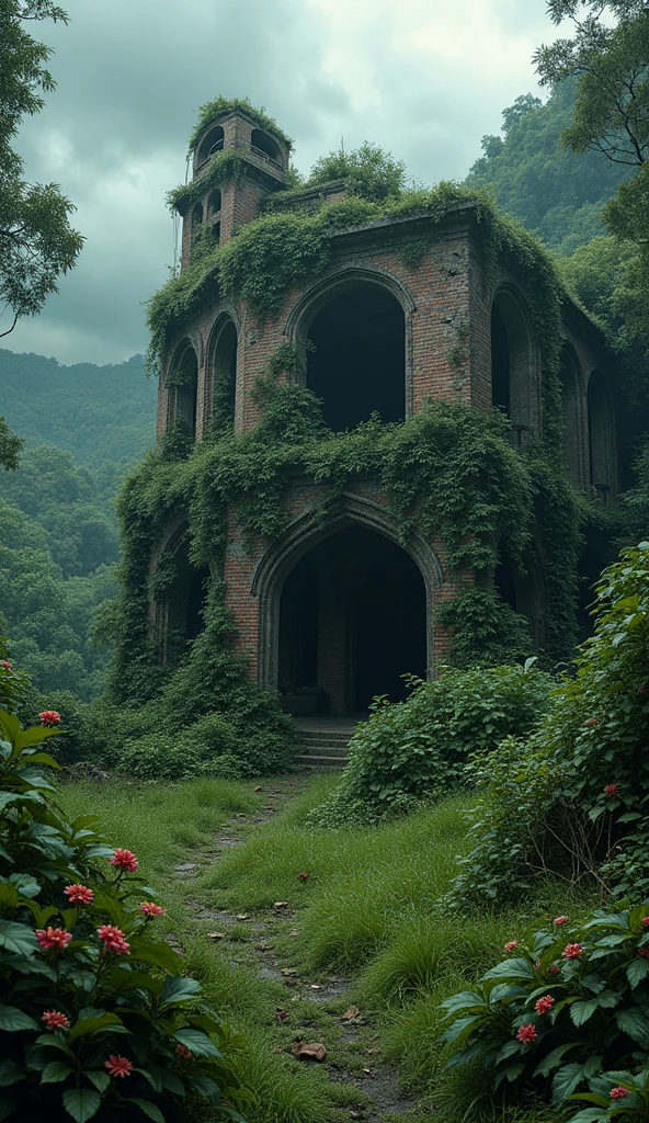 A 3d old building in jungle grass and flowers on walls grassy land plants flowers black rainy clouds in sky like horror