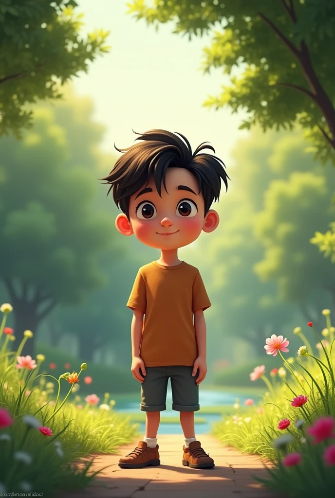 Boy animated 2D character in intelligent and smart but very silent boy standing in park good looking face