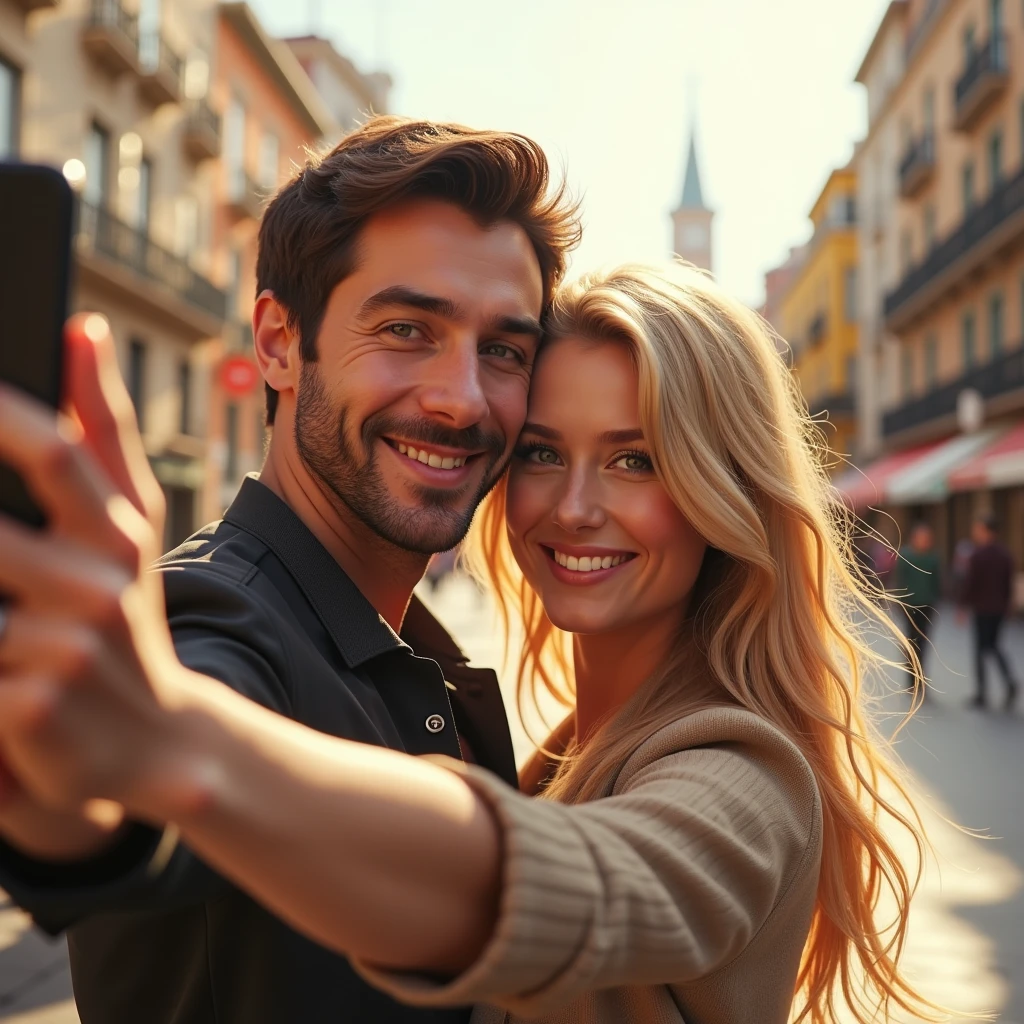 A couple, he brown hair and eyes, she blonde long hair green eyes hugging taking a selfie in Madrid 8k ultrarealistic photorealistic 