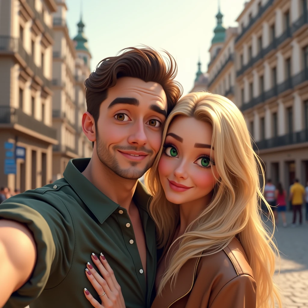 A couple, he brown hair and eyes, she blonde long hair green eyes hugging taking a selfie in Madrid 8k ultrarealistic photorealistic