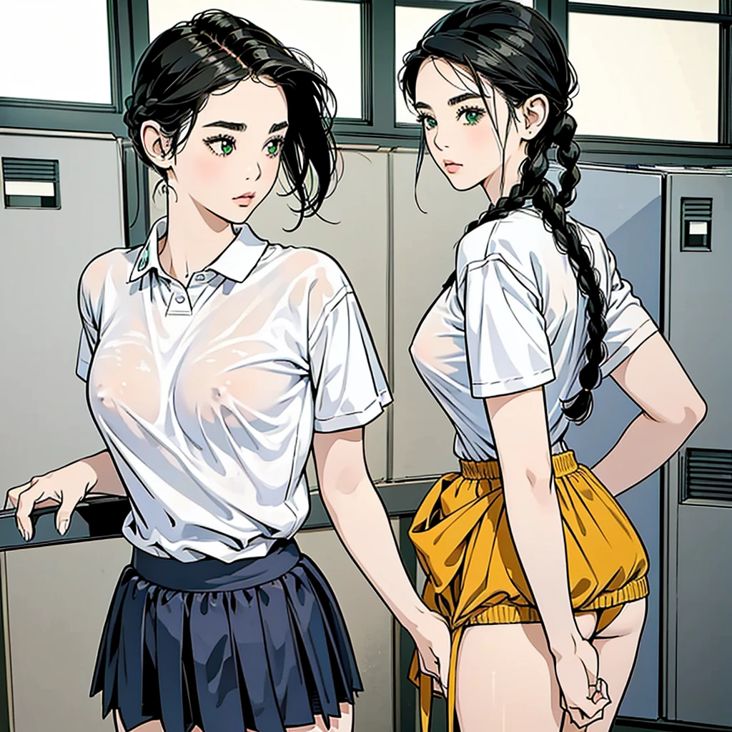 A girl with black hair in braids, green eyes, thin lips, round face, small flat breasts, thick hips, ta style, 1, wearing a private physical education uniform, inside the locker room,boobs