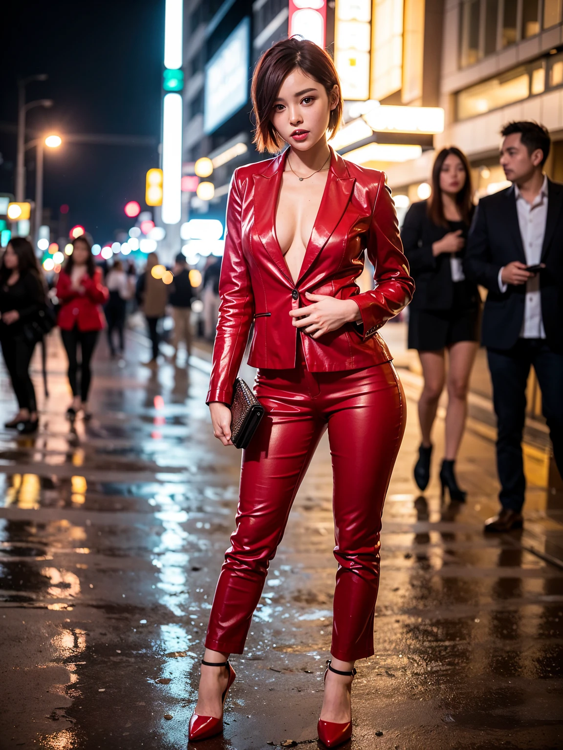  Top quality, A striking short-haired woman with a fiery red pixie cut, her hair shimmering in the light as it perfectly complements her bold and confident aura. She is dressed in an all-red ensemble that exudes power and elegance—a tailored red blazer over a deep red satin blouse, paired with form-fitting red trousers. Her look is completed with red stilettos and a sleek red clutch that she holds with effortless grace. Her makeup is daring yet refined, featuring a smoky red eyeshadow, defined brows, and a glossy red lip that adds a touch of glamour. The scene is set in a bustling city at night, with red neon lights reflecting off wet pavement, casting an ambient red glow that mirrors the intensity of her presence. The overall atmosphere is both modern and electric, making her the focal point of the scene.