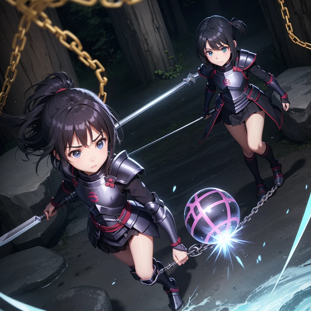 最high quality、high quality、Simple Cloth Armor、10Year-old girl adventurer、Equipped with a weapon that has a short chain at the end of a stick and a spiked iron ball at the end of the chain、In a dark maze