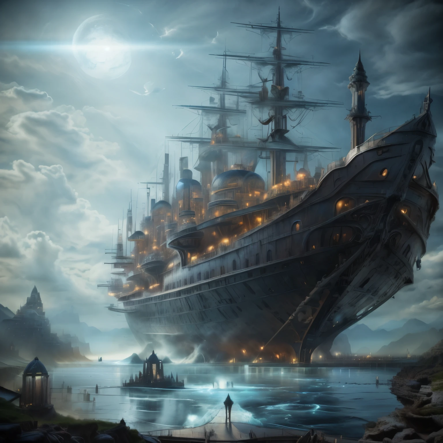 a man standing in front of a ship in the middle of a lake, gothic ship on ocean, symmetrical epic fantasy art, epic fantasy sci fi illustration, mystical sci-fi concept art, epic scifi fantasy art, dramatic concept art, by Raymond Han, epic fantasy concept art, by Aleksander Gine, tomasz alen kopera and cgsociety