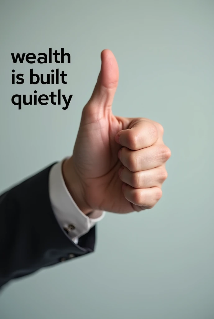 ""A close-up of a hand giving a thumbs up, with the text 'Wealth is built quietly' in bold, clear font above or beside the hand. The background is minimal, focusing on the messag