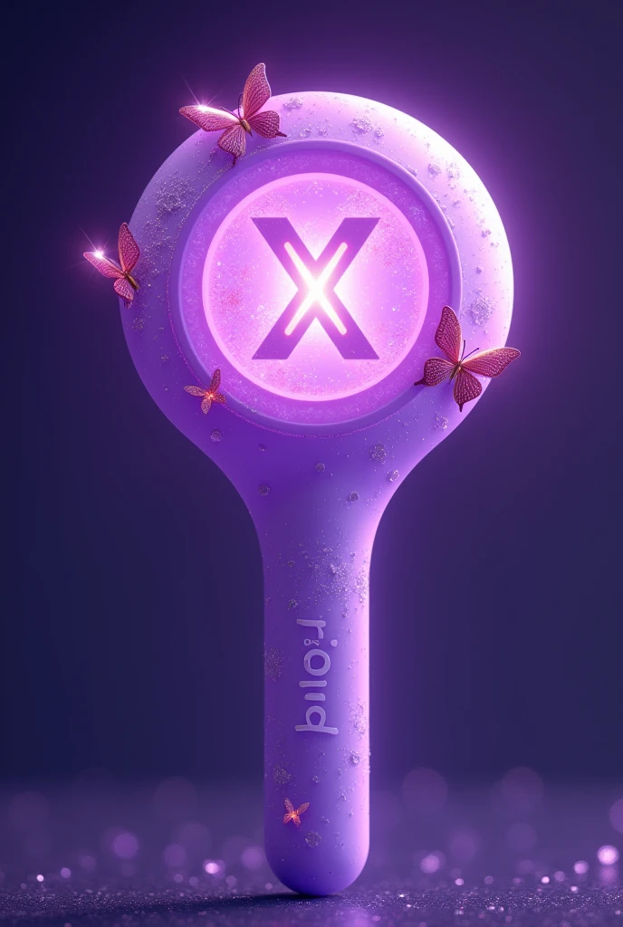 K pop lightstick purple round with butterflies and with the name X-PLORE and with glitter