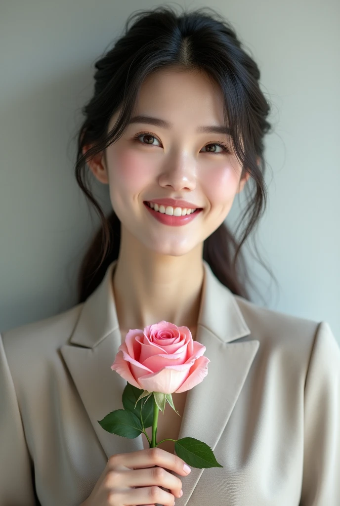 A beautiful 20 year old Chinese girl wearing office clothes and smiling sweetly while holding a rose