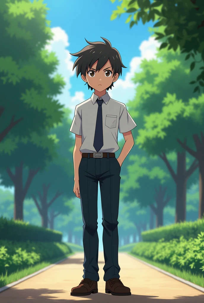 Boy anime 2D character in intelligent and smart but very silent boy standing in park good looking face