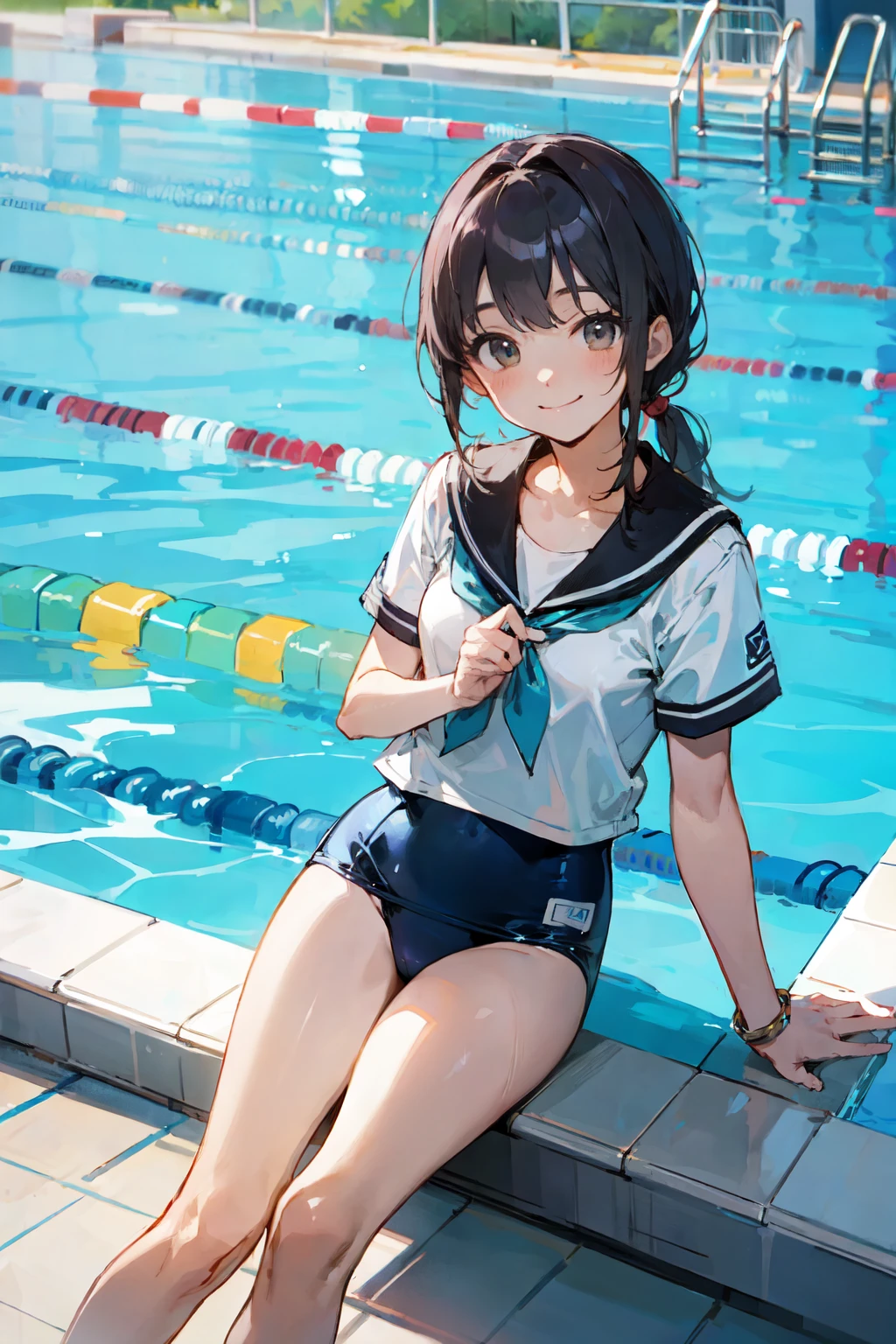 NSFW、In the best quality、 girl standing in swimming pool。In high resolution、Beautiful details、Quiet atmosphere。Black hair ponytail、Cute Smile.。Small breasts、Cute School Swimsuit。