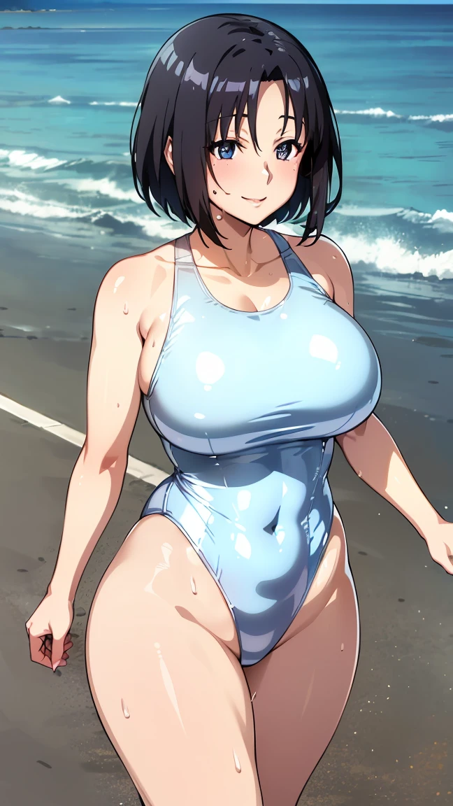 (Perfect body),Best Quality,(8K Portrait),(Official art)、(NSFW)、(((muscular)))、embarrassed from、1girl in,(:o)、 ((Surprised))、(((blush))),(Sweat),(((Huge breasts)))、(((big butts)))、thick thighs、(Dark hair),((bob cuts)),Short hair, (Yellow eyes),(((Light blue high-leg swimsuit)))、Black knee socks、(the beach)、Cowboy Shot