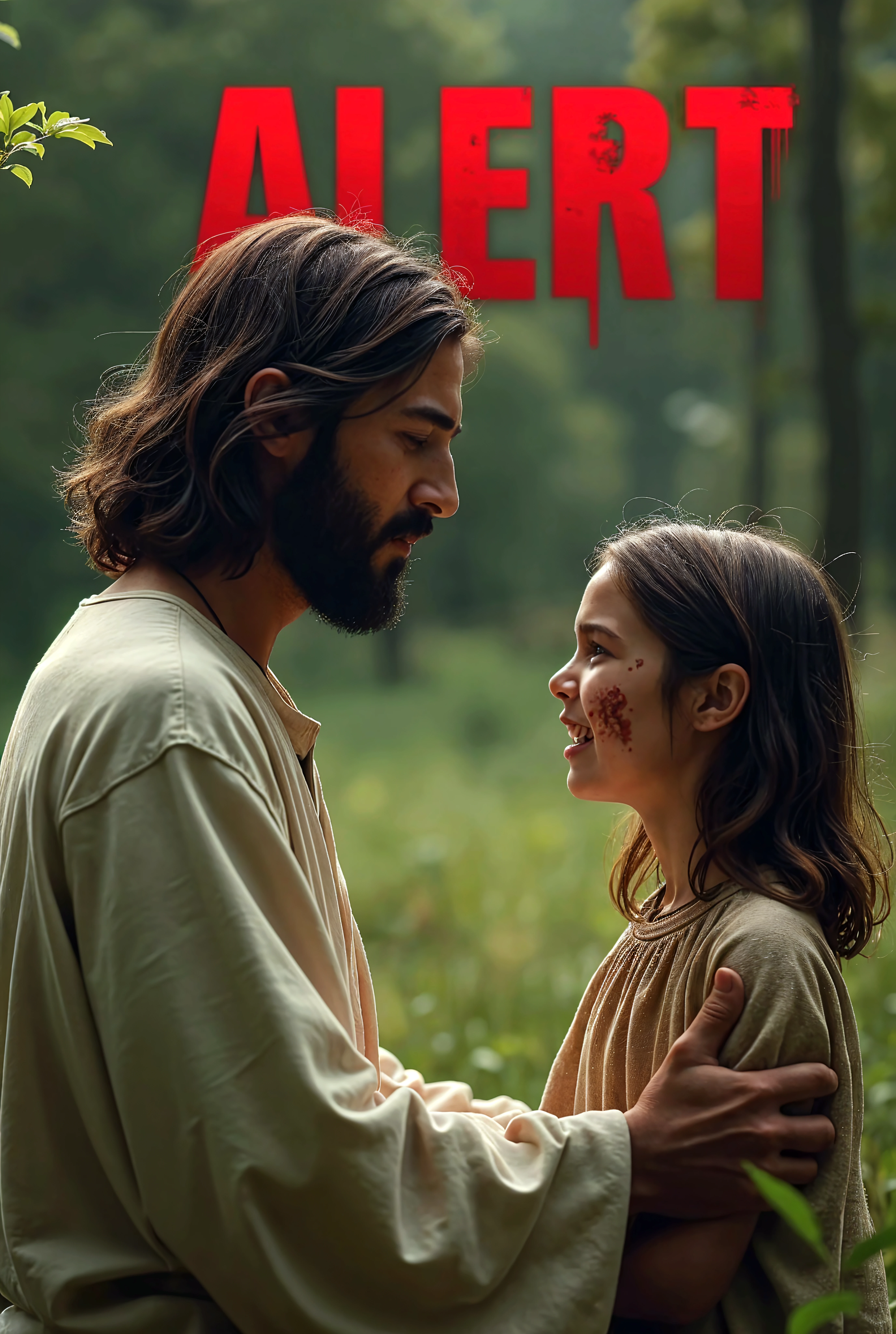 "Jesus and a young child with large, pimple-like bumps on their face stand facing each other in a natural landscape. Both look deeply sad, with Jesus showing concern and the child visibly upset. Behind them, the word 'ALERT' is prominently displayed in bold, red gradient dark glowing text. The background is a lush, yet somber environment, with tall trees and soft grass that contrast the emotional tension. The scene is rendered in hyper-realistic, ultra HD quality, capturing the intricate details of the characters' expressions and the surrounding nature.