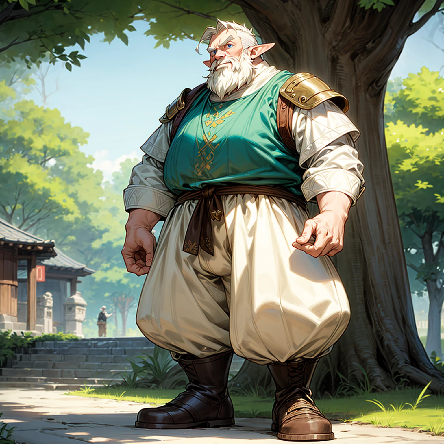 Solo character, full body version, old man, big man, very fat, (elf), blue eyes, white color hair, undercut hair, casual clothing, white color clothing, brown pants, boots, outdoor, park, village, medieval, standing gesture, detailed background, detailed clothing, detailed hair, (one piece style art), armored, white beard