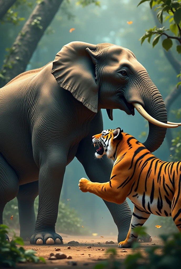 Elephant and tiger are boxing