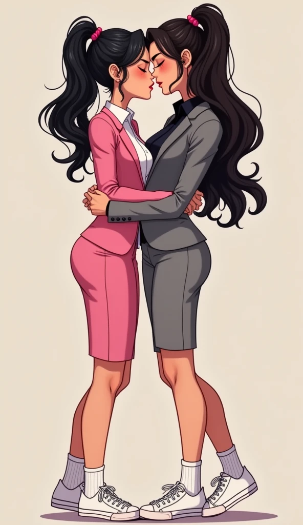 Two girls, long black hairs, yuri,
The first girl wear a hot pink suit, black shirt, hot pink pencil skirt, black underpants, black tights, black gloves, black socks, white sneakers high top.
The second girl wore a grey suit, black shirt, grey pencil skirt, black underpants, black tights, black gloves, black socks, white sneakers high top.
french kiss, lesbian kiss hugging, sensual body, closed eyes, grey blue sky, moon, cartoon novel, 4K, HD