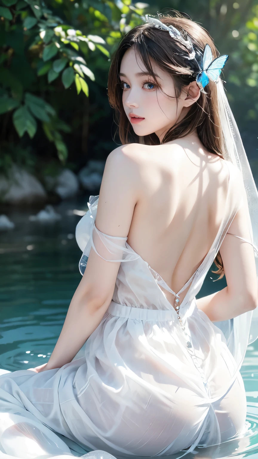 est quality,ultra-detailed),(realistic:1.37),transparent water,blue butterfly,beautiful detailed eyes,beautiful detailed lips,sparkling,airy,ethereal,soft sunlight,calm,serene,white gauze skirt,vivid colors, back turn, detailed face, detailed eyes, detailed hands