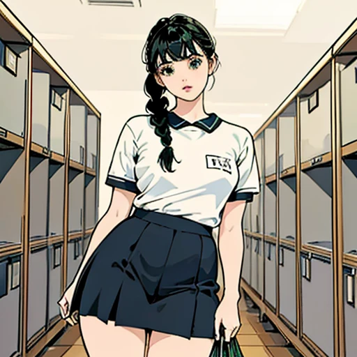 A girl with black hair in braids, green eyes, thin lips, round face, small flat breasts, thick hips, ****ta style, 1, wearing a private physical education uniform, inside the locker room,boobs