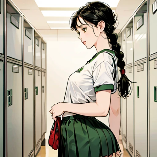 A girl with black hair in braids, green eyes, thin lips, round face, small flat breasts, thick hips, lolita style, 1, wearing a private physical education uniform, inside the locker room,boobs