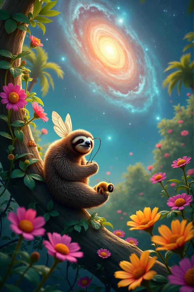 Generate an images for my reels channel for YouTube 
1. Visual of a bee pollinating flowers.
2.Visual of a sloth hanging on a tree.
3.Visual of a galaxy.
Images must be look real