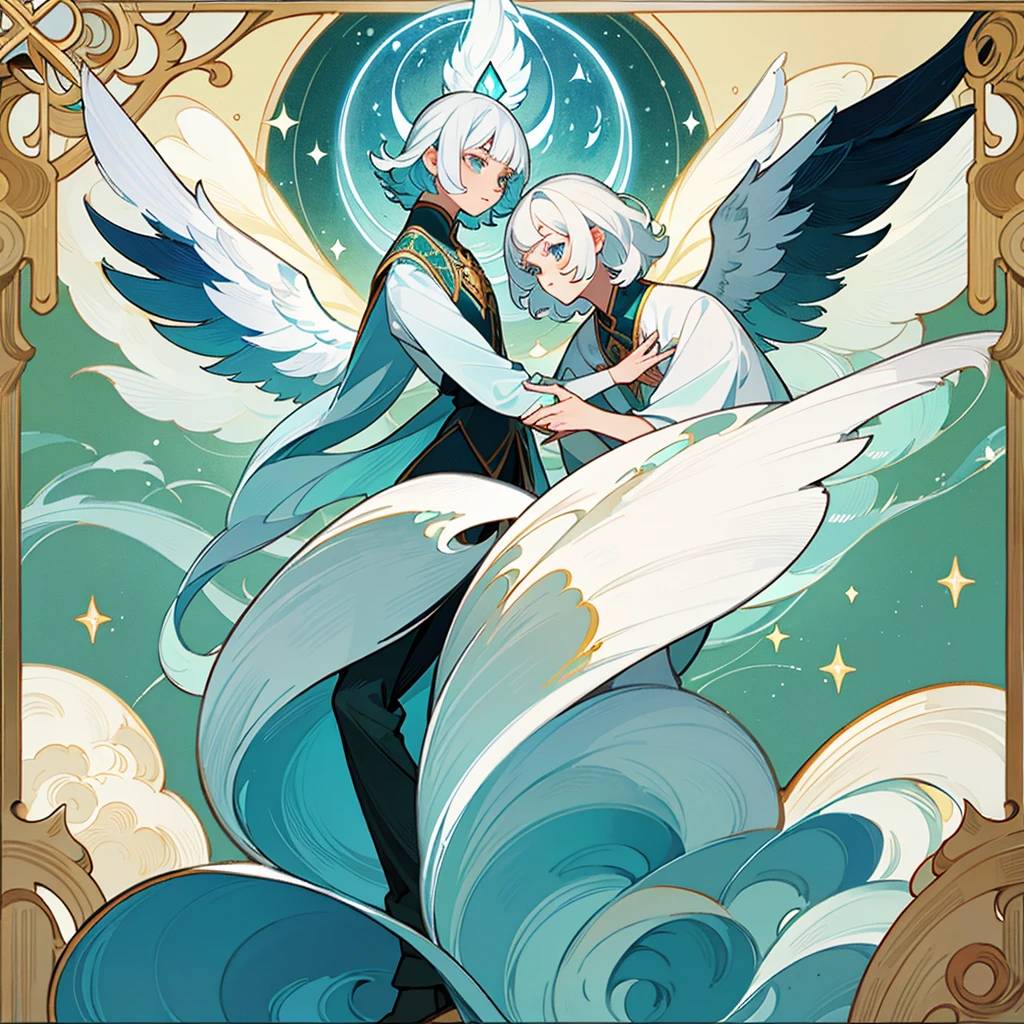 Divine creature in the form of a human being with black skin and white hair, short bangs medium back hair. Bright sky blue eyes. Green branches with elongated leaves. Long, wavy tail of dark blue with green sparkles resembling a starry night sky, a pair of wings. mystical atmosphere, delicate brushwork, magical scenery, Peaceful and serene. Astral Witch Outfit, fashion RPG outfit, detailed clothing. (best qualityer, high resolution, ultra detali).