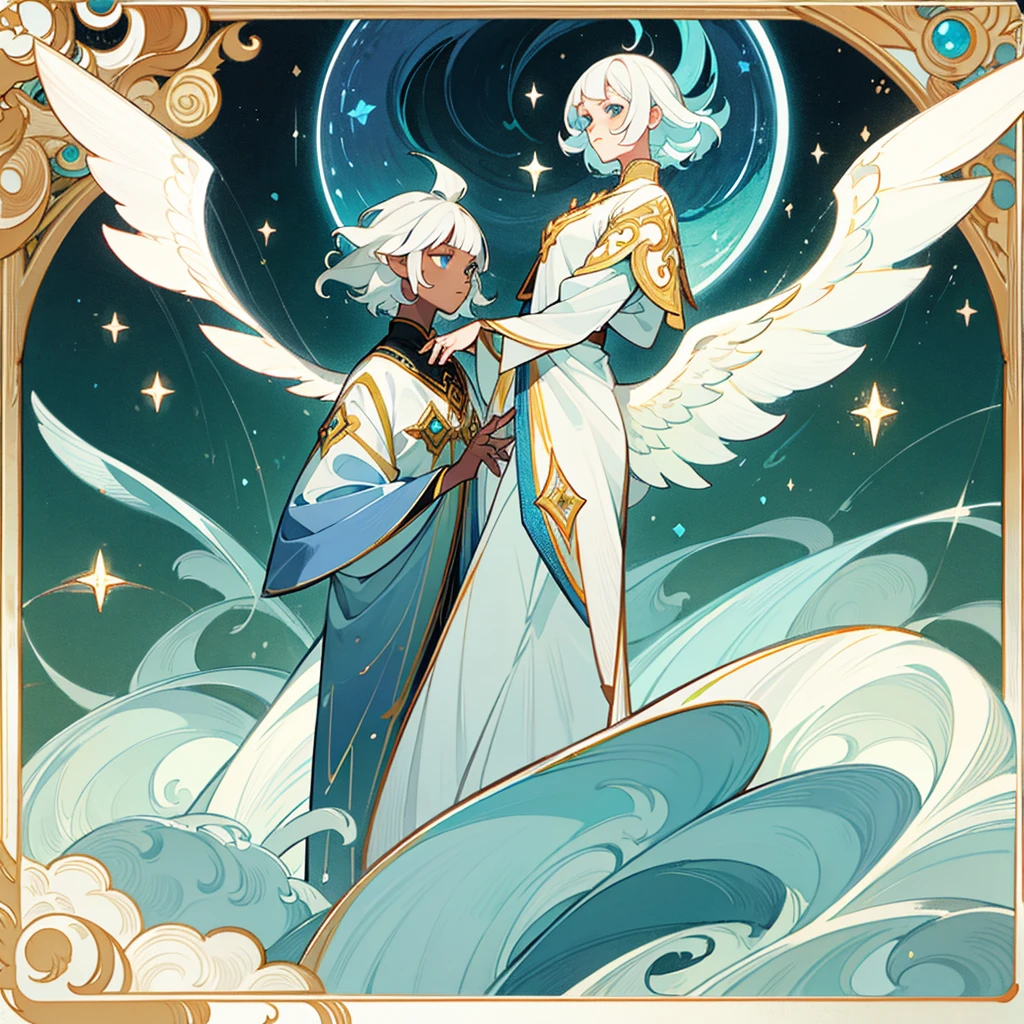 Divine creature in the form of a human being with black skin and white hair, short bangs medium back hair. Bright sky blue eyes. Green branches with elongated leaves. Long, wavy tail of dark blue with green sparkles resembling a starry night sky, a pair of wings. mystical atmosphere, delicate brushwork, magical scenery, Peaceful and serene. Astral Witch Outfit, fashion RPG outfit, detailed clothing. (best qualityer, high resolution, ultra detali).