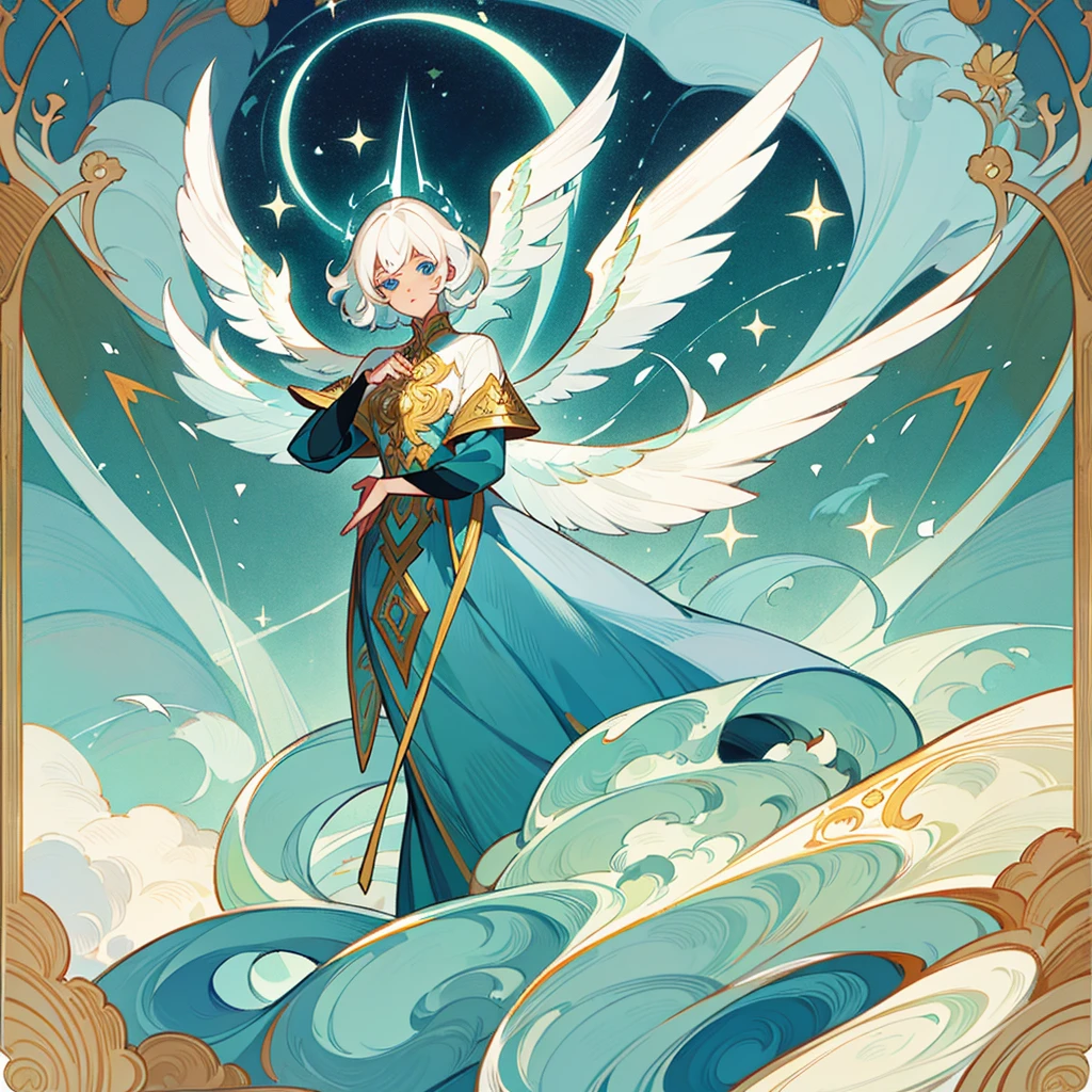 Divine creature in the form of a human being with black skin and white hair, short bangs medium back hair. Bright sky blue eyes. Green branches with elongated leaves. Long, wavy tail of dark blue with green sparkles resembling a starry night sky, a pair of wings. mystical atmosphere, delicate brushwork, magical scenery, Peaceful and serene. Astral Witch Outfit, fashion RPG outfit, detailed clothing. (best qualityer, high resolution, ultra detali).