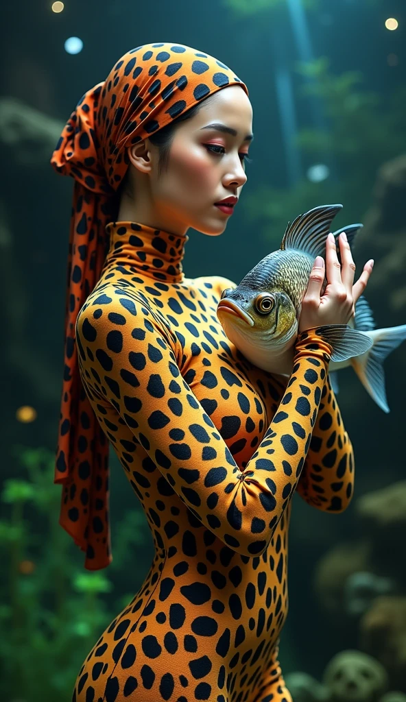 The most beautiful,most slender thin and most clever malaysian muslimah adult feamle person with beautiful cheeks wears giraffe print lycra turtleneck unitard catsuit covered with spots and always wearing giraffe print lycra elastane stretchy dancewear hijab covered with spots.She is hugging an arowana from aquarium at home.